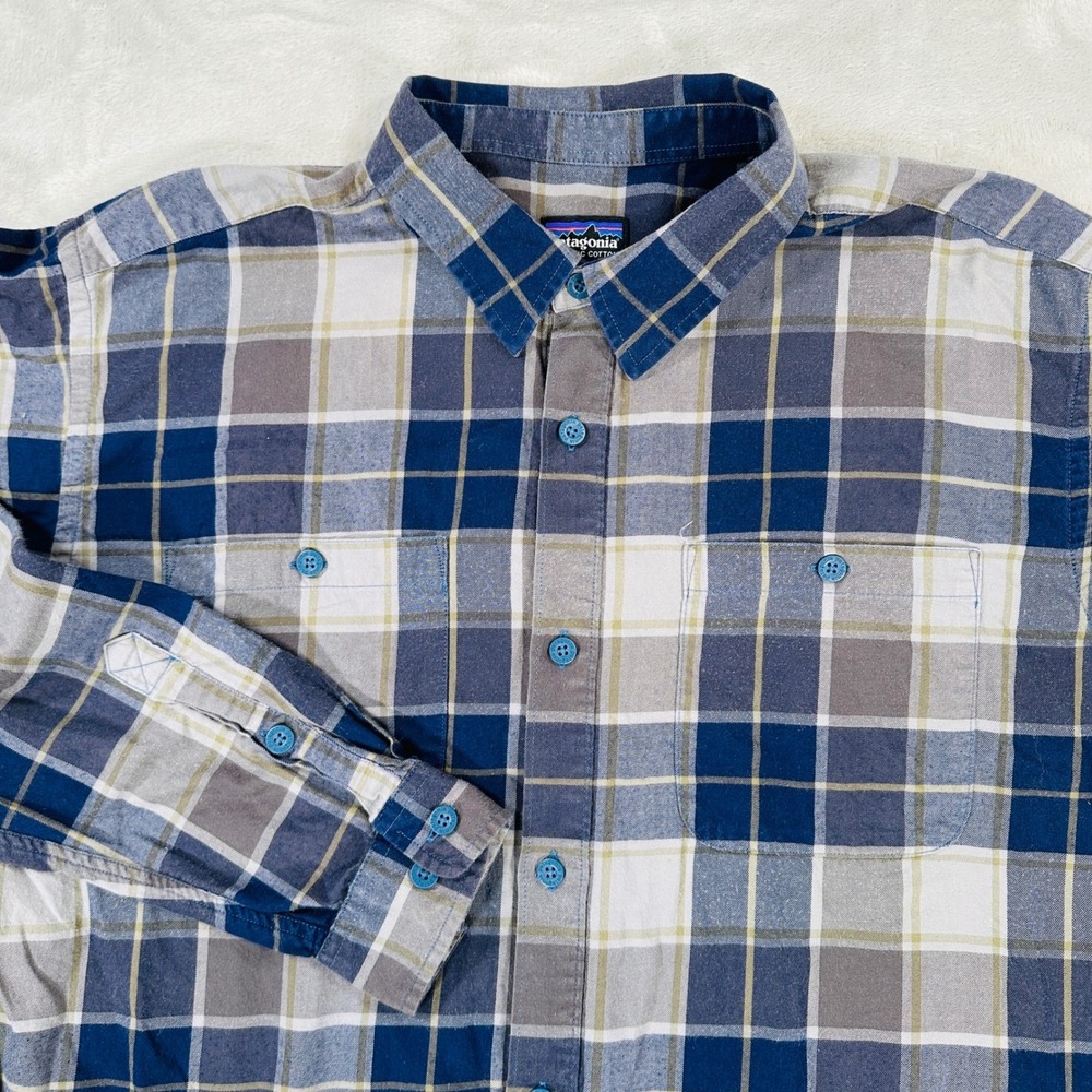 Patagonia Shirt Mens L Organic Cotton Plaid Flannel Button Down Blue Grey